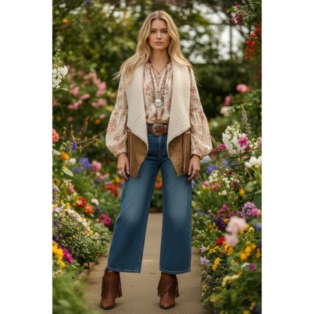 Hot & Delicious Faux Shearling Vest Women L Brown Excellent Boho Western‎ Moto